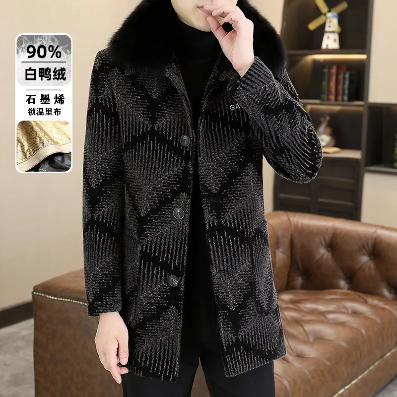 

Luxury Mens Winter Big Black Mink Fur Collar Long Jacket For Cold Soft Warm Long Overcoats Father Husband Trench Coats Down Coat