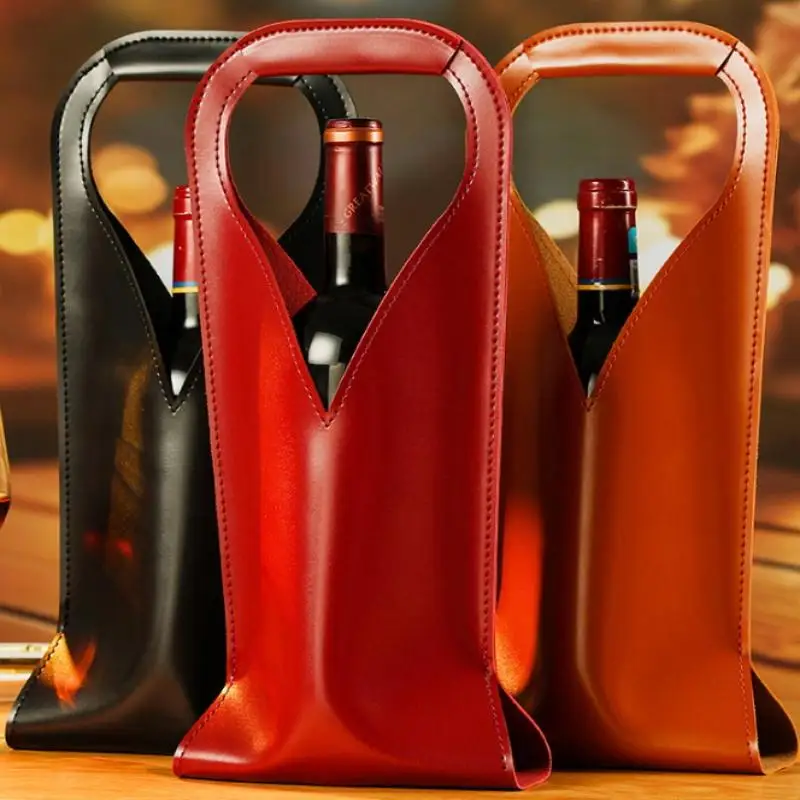 1pc Wine Packaging Gift Bags Vintage PU Leather Tote Wine Bags Drinking Accessories Tote Gift Bags For Friends