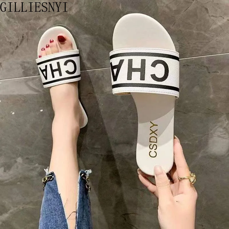 Summer Fashion Women Slides Black White Design Brand Woman Flat Heels Open Toes Slippers House Flip Flop Causal Shoes 2023 New