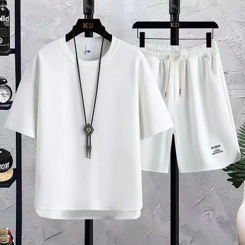 Summer Korean Trend Versatile Casual Sets Men Solid Round Neck Short Sleeved Top Elastic Waist Drawstring Pocket Sports Shorts