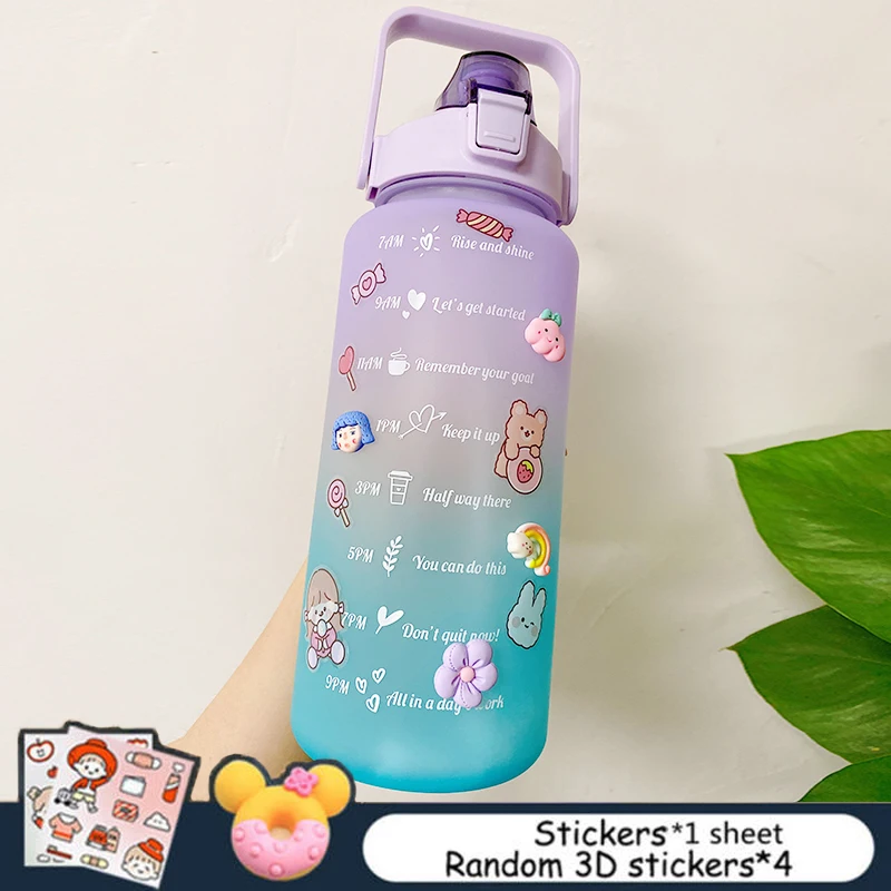 2L Large Capacity Water Bottle With Bounce Cover Time Scale Reminder Frosted Cup With Cute Stickers For Outdoor Sports Fitness restaurant glassware Drinkware