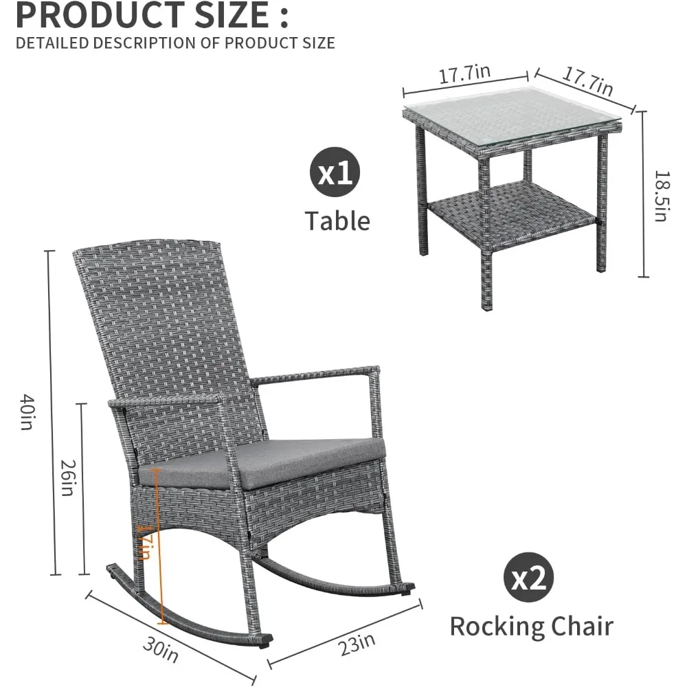 3 Piece Patio Rocking Chair Outdoor Rattan Bistro Set with Glass Top Table Conversation Set with Grey PE Wicker, Gray Cus 3