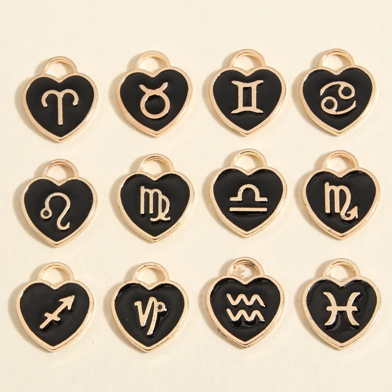 

1set(12pcs) 2 Colors 14x12mm Cute Enamel Heart Twelve Constellations Symbol Pendant Fit Jewelry Making Handcrafted Accessories