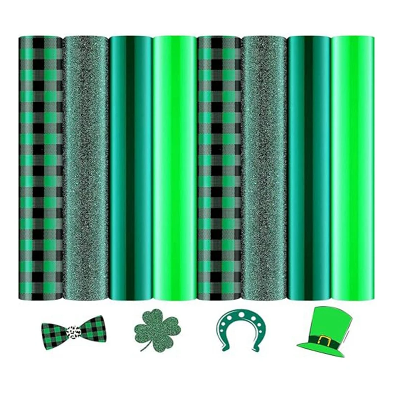 

Christmas Heat Transfer Vinyl, 8 Sheets Green Glitter Plaidpattern Iron On Vinyl, Film Heat Press HTV Vinyl For DIY Durable