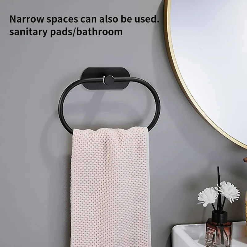 Stainless Steel Towel Holder Self-adhesive Bathroom Towels Rack Black Washhand Hanger Ring Rail Bar Kitchen Storage Accessories