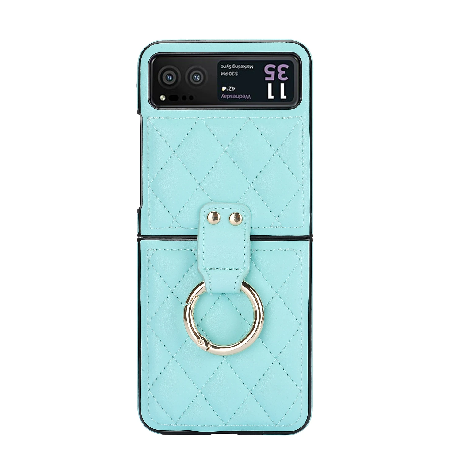 Luxury Fashionable Quilted PU Leather Phone Case with Metal Ring - Fall Prevention Design