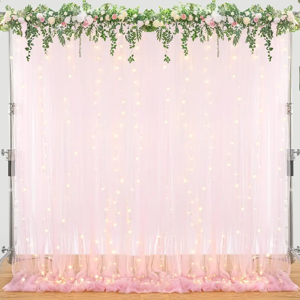 Pink Tulle Backdrop Curtain with String Lights