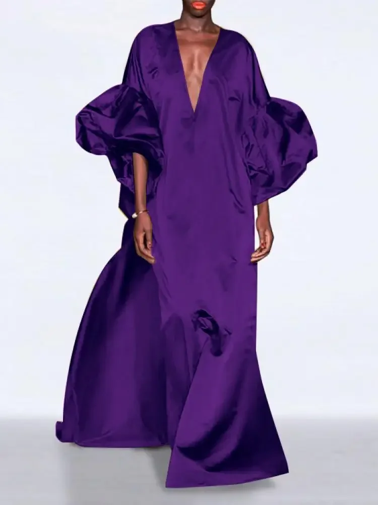 

Modigirl New Vintage Elegant Evening Party Dress for Female 2024 Autumn Summer Loose Blue Red Puff Sleeves V-Neck Maxi Dress