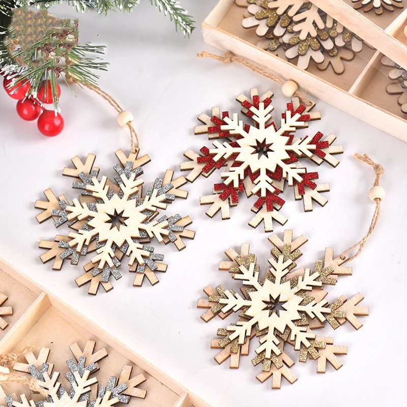 2 Boxes 6 Pieces New Wooden Christmas Pendant Tree Snowflake Pendant Christmas Tree Colorful Christmas Decorations Pendant