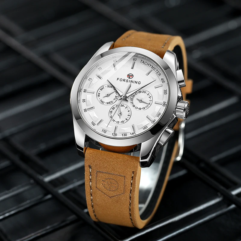 FORSINING Sports Automatic Mechanical Mens Wrist Watch Luminescent Analog Auto Day Date Suede Leather Strap Business Male Clock_voghion.com