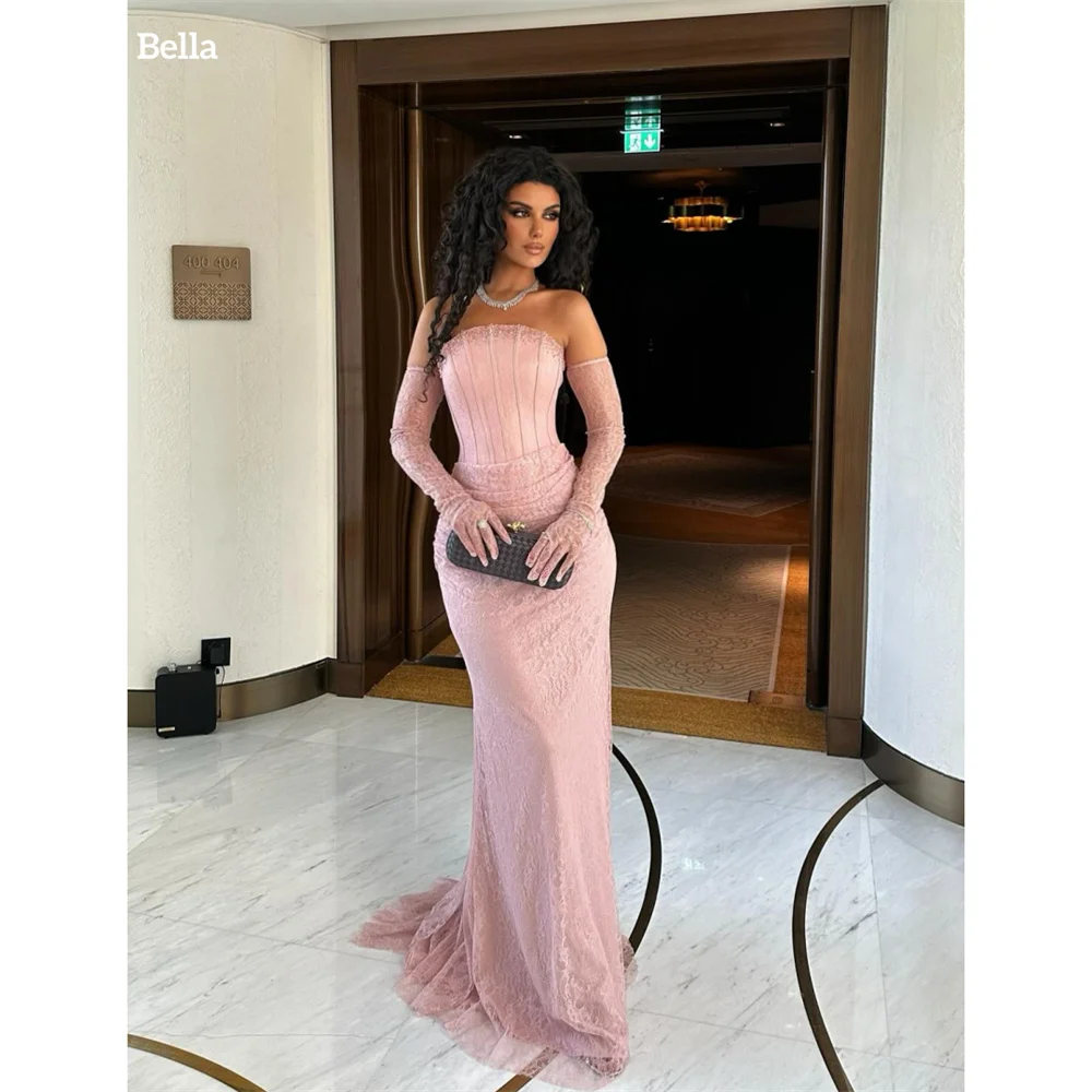 Bella Customized Pink Off The Shoulder Mermaid robes de soirée Lace Sexy Long Sleeve Party Dresses  Floor-Length Prom Dress 2025