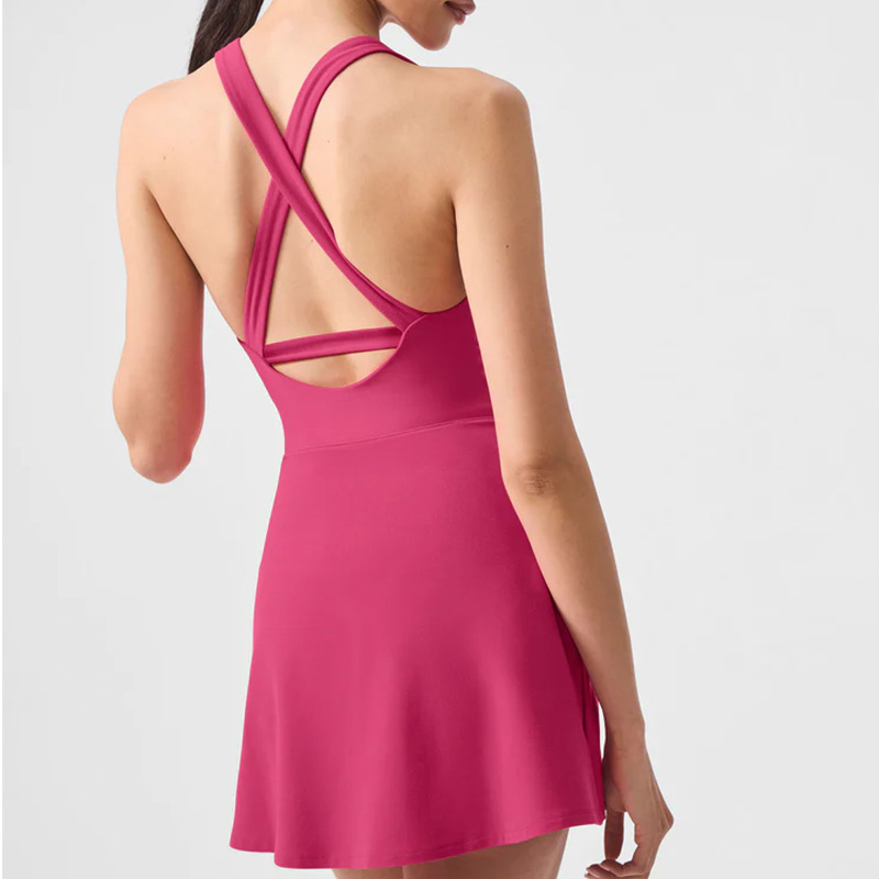 Fashion Casual Nude Neck Tennis Dress Removable Chest Pad Anti-Shine One-piece Tennis Sports Outdoor Yoga Clothes