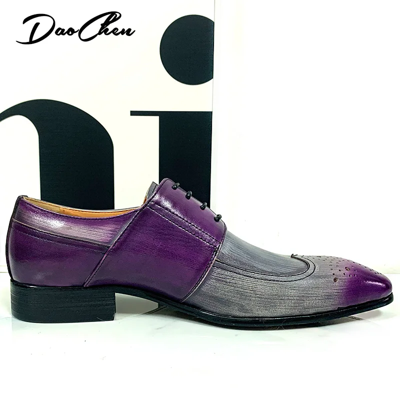 DAOCHEN MEN LEATHER SHOES PURPLE MIXED GRAY LACE UP WING TIP DERBY MEN CASUAL DRESS SHOES OFFICE WEDDING SHOES FOR MEN
