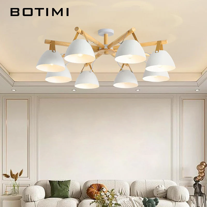 BOTIMI Nordic Solid Wood Chandelier With White Metal Lampshades For Living Room Home Decor Wooden Bedroom Lights LED Dining Lamp