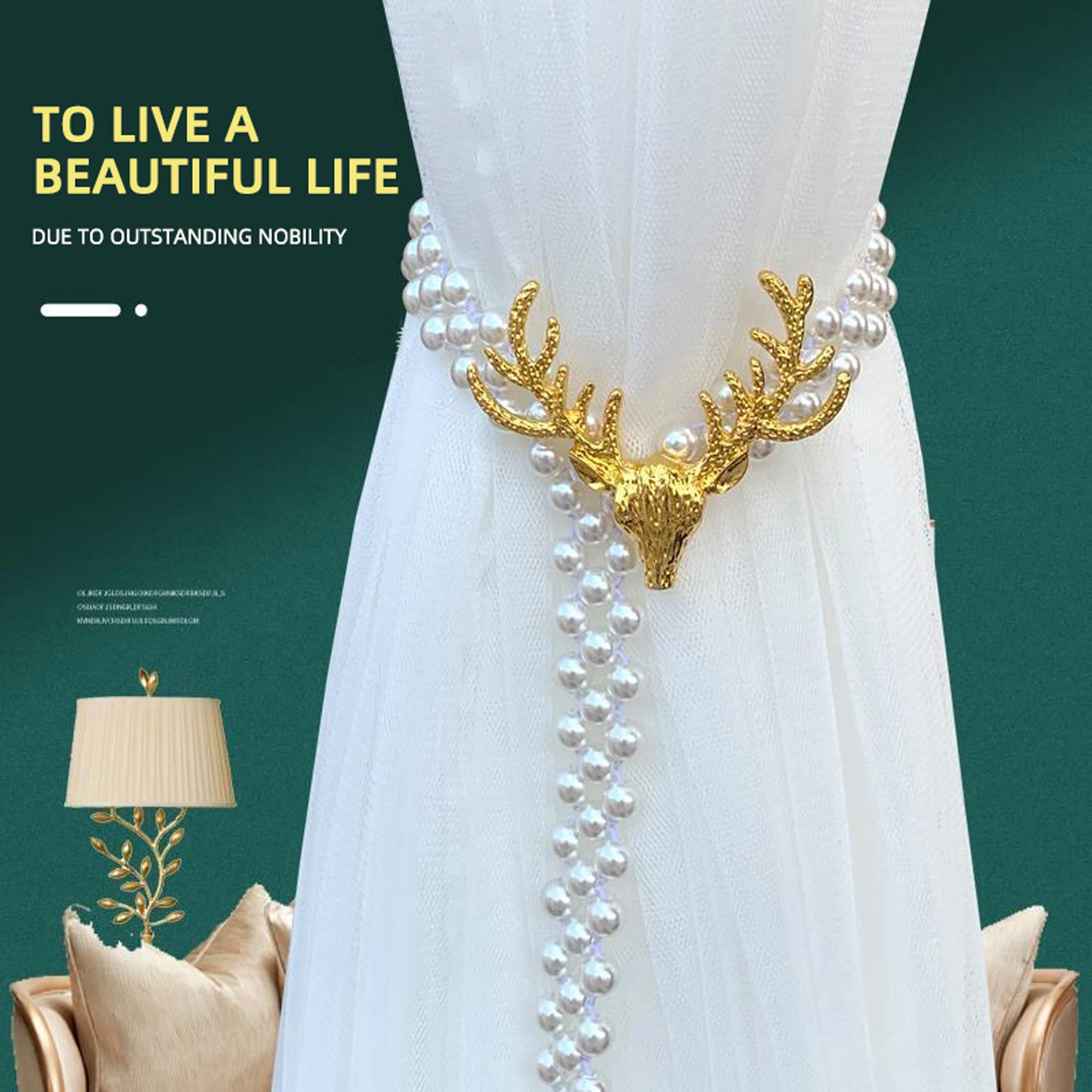Metal Gold/Silver Elk And Pearl Design No-Punch Adjustable Curtain Tiebacks Light Luxury Style Metal Material No-Punch Cur 2PCS, curtain accessories,curtain tiebacks