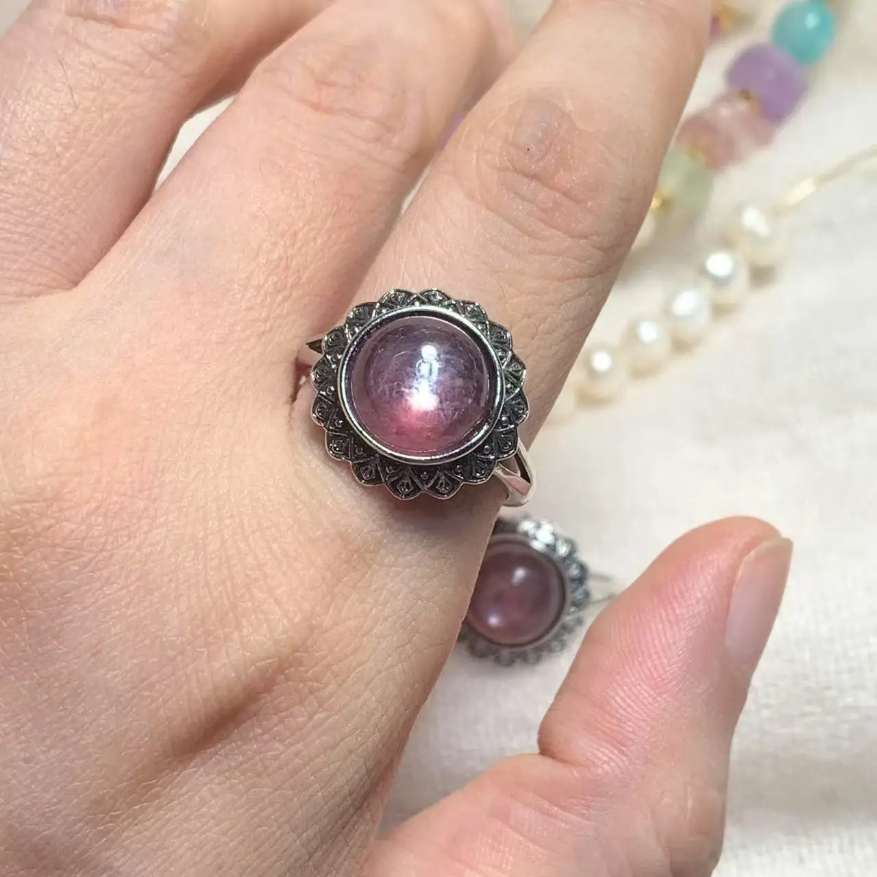 MM Natural Purple Lepidolite Ring ROUND Adjustable FemaleJewelry for Women Gift Wholesale High Quality Vintage Fine VINTAGE