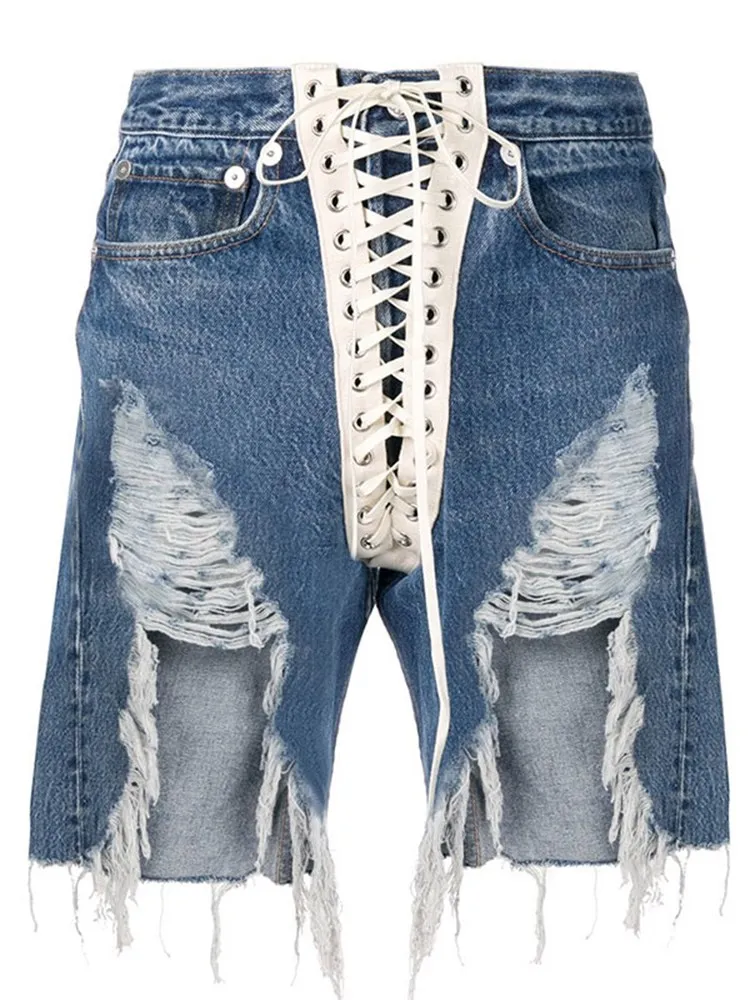 KBQ Irregular Spliced Drawstring Denim Shorts For Women High Waist patchwork raw hem Streetwear Trousers Female Fashion summer