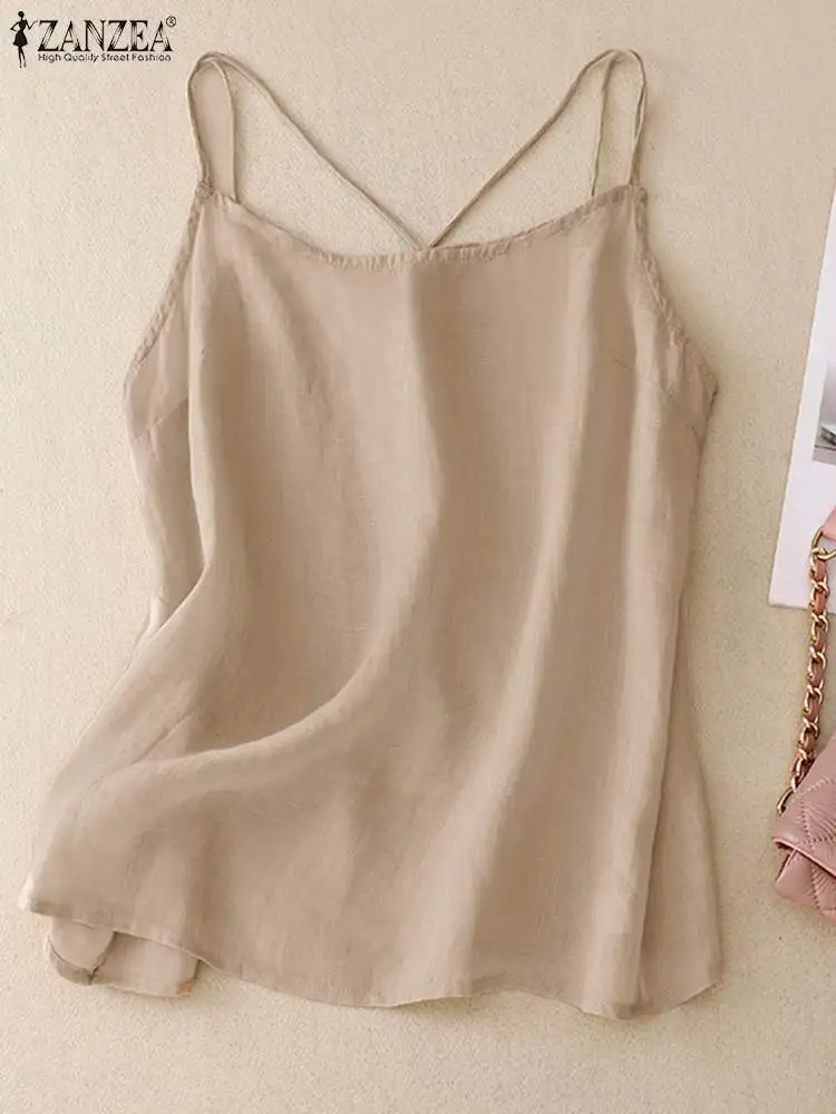 

ZANZEA Women Spaghetti Strap Solid Tanks Tops Vintage Casual Beach Cotton Blouse Fashion Holiday Shirt Blusas Summer Sexy Camis