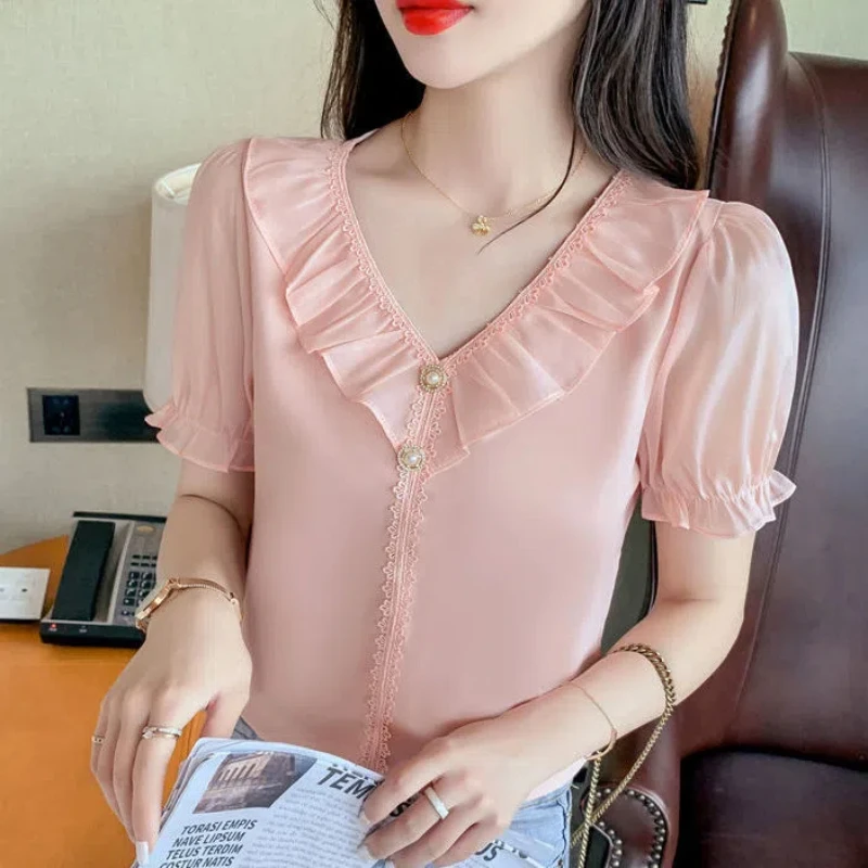 V넥 시폰 블라우스, 플리츠 솔리드 반팔, 루즈한 올 매치 얇은 셔츠, 템퍼러먼트 패션, 여성 의류, 여름 신상