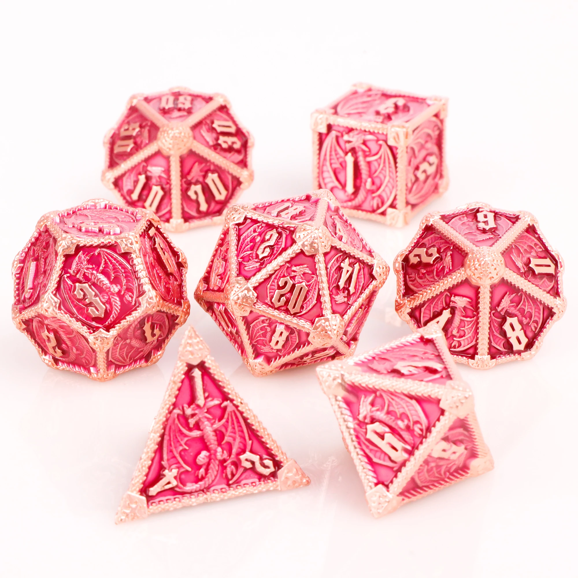 DND Dice Set 7Pcs Pink Metal Green Handmade For Dungeons and Dragons Role Playing Dice D&D Gift