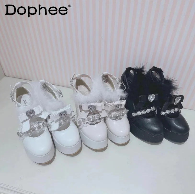 

Japanese Style Mine Fur Hair Bowknot High Heels Pump Shoes Women's Waterproof Platform Round Toe Leather Shoes Autumn Fashion