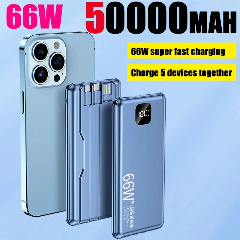 50000Mah Power Bank Bidirezionale Super Veloce Ricarica A Tre Fili Esterna Portatile Powerbank Illuminazione A Led Per Xiaomi Iphone Samsung