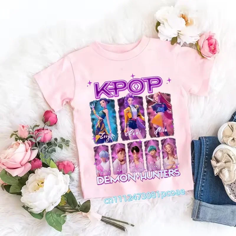 Children's Anime-Inspired Demon Hunters T-Shirt - K-pop Cartoon Pattern, Casual Girls' Top, Gift Option