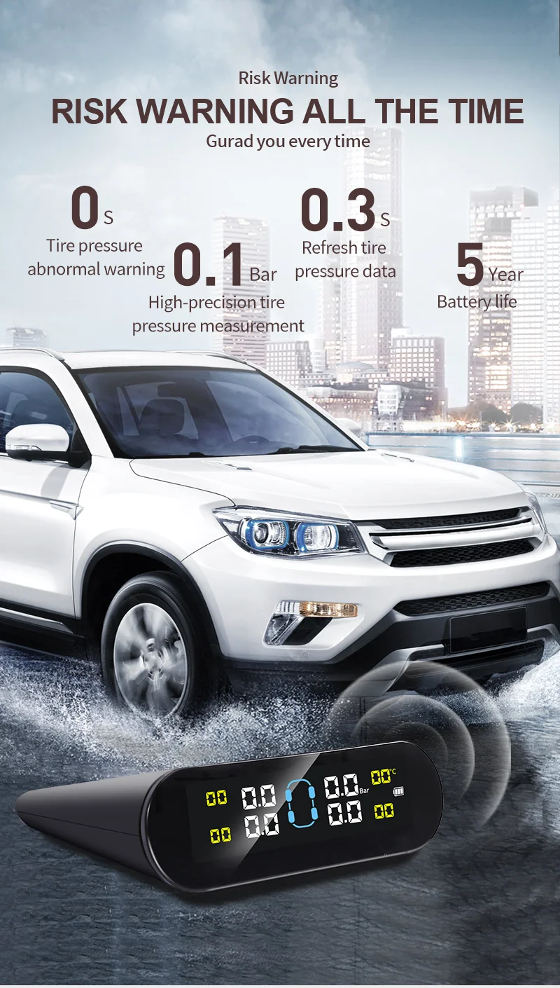 Tire Pressure Monitoring System Temperature Warning Fuel Save With 4 External Sensors Solar TPMS Car Tyre Pressure Monitor