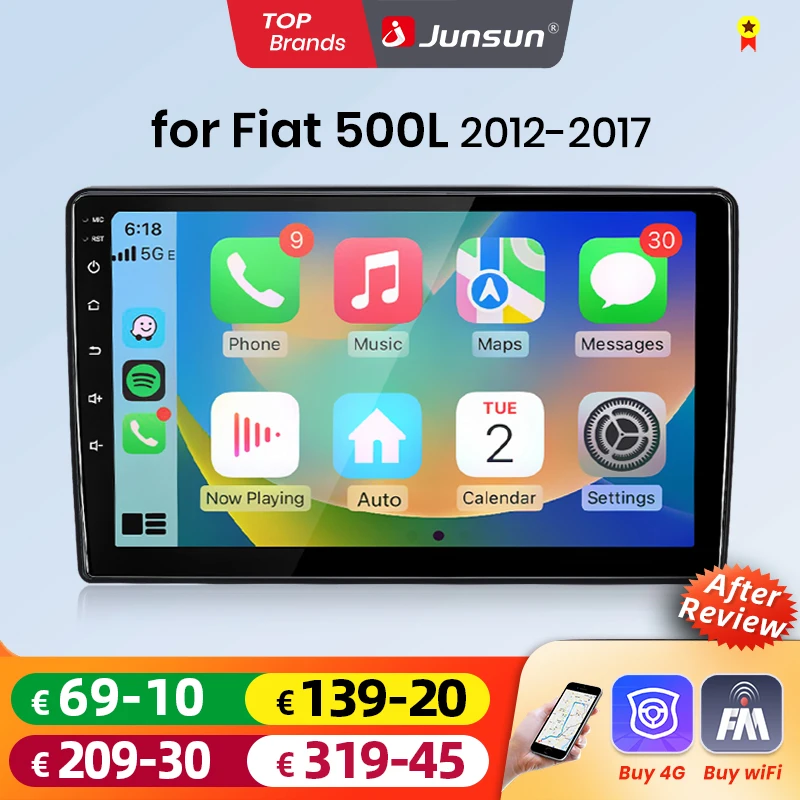 Radio samochodowe Junsun Android Auto do Fiata 500L, multimedialny bezprzewodowy Apple CarPlay, inteligentne systemy, ekran dotykowy IPS, odtwarzacz wideo stereo, radio samochodowe 2 Din, nawigacja, BT, GPS, 4G, WIFI, FM, AM, DSP, RDS, SWC