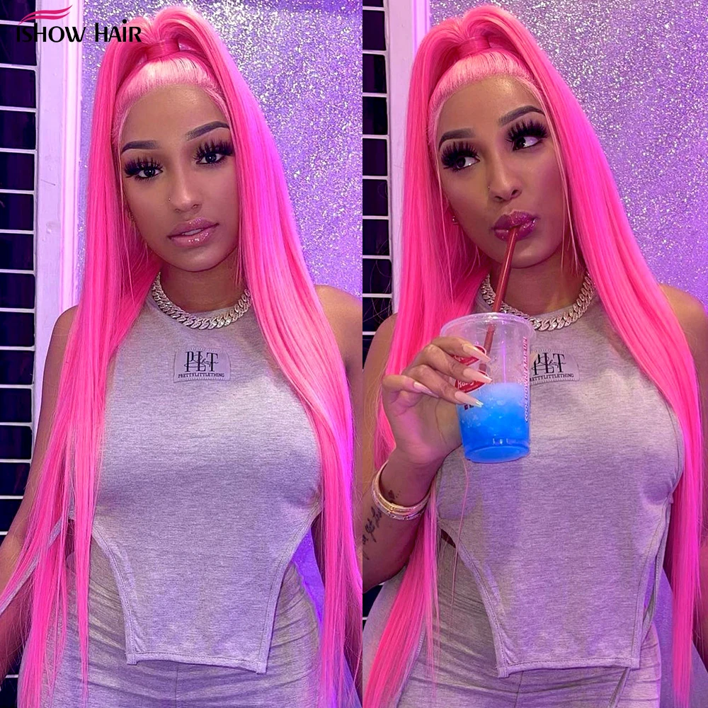 Ishow 30inch Glueless Hot Pink Wig 13x6 HD Transparent Lace Front Human Hair Wigs Colored Straight Human Hair Wigs For Women