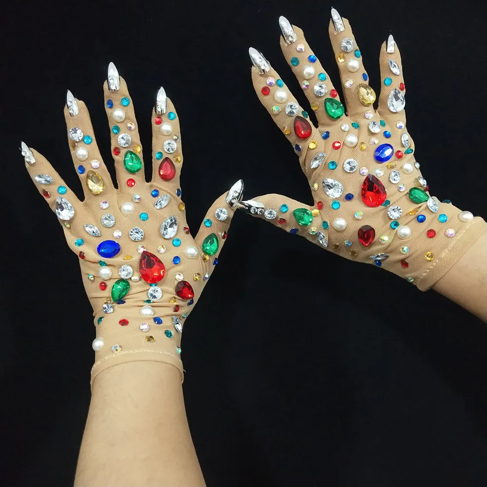

Colorful Rhinestones Mesh Short Gloves Stage Accessories Crystal Gloves For Singer Dancer Performance Party Show Costume