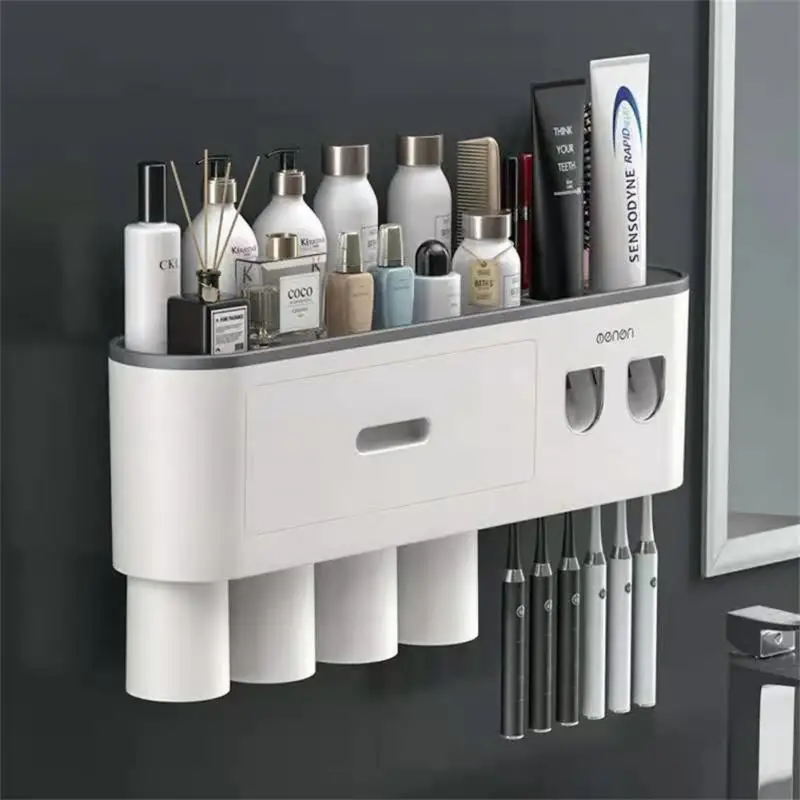 

Magnetic Adsorption Toothbrush Holder 4Cups Waterproof Storage Box Toothpaste Dispenser Wall Mounted Bathroom Accessories