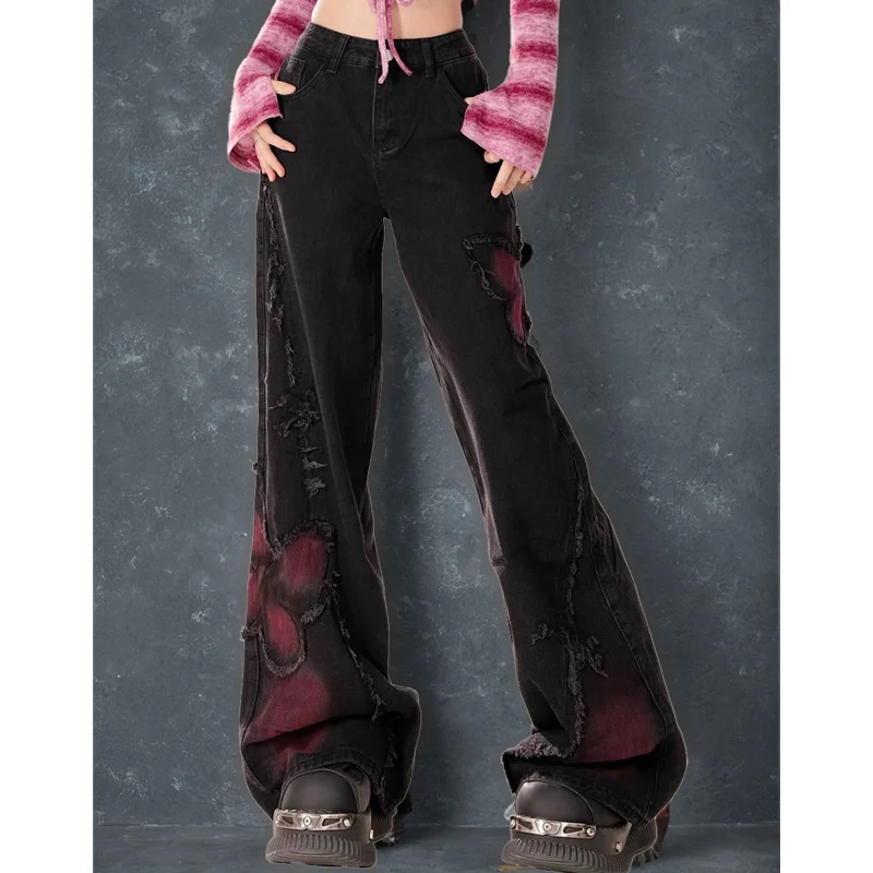 여성용 블랙 고딕 배기 청바지, 하라주쿠 Y2k 미적 나비 데님 바지, 한국 진 바지, 빈티지 2000 년대 쓰레기 옷