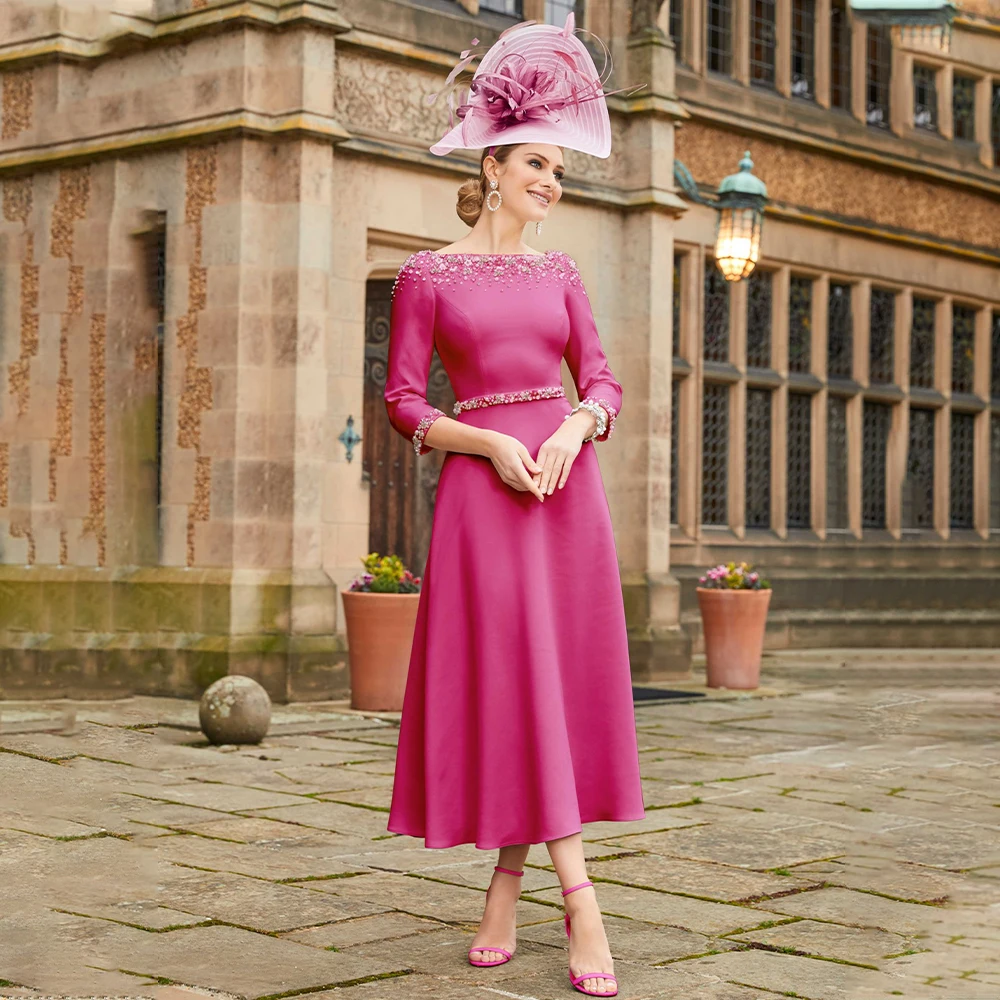 Mother bride dresses Short Mother of the Bride Dress A Line Boat Neck 3/4 Sleeves Elegant Wedding Guest Gowns Midi Beading Luxury Evening
