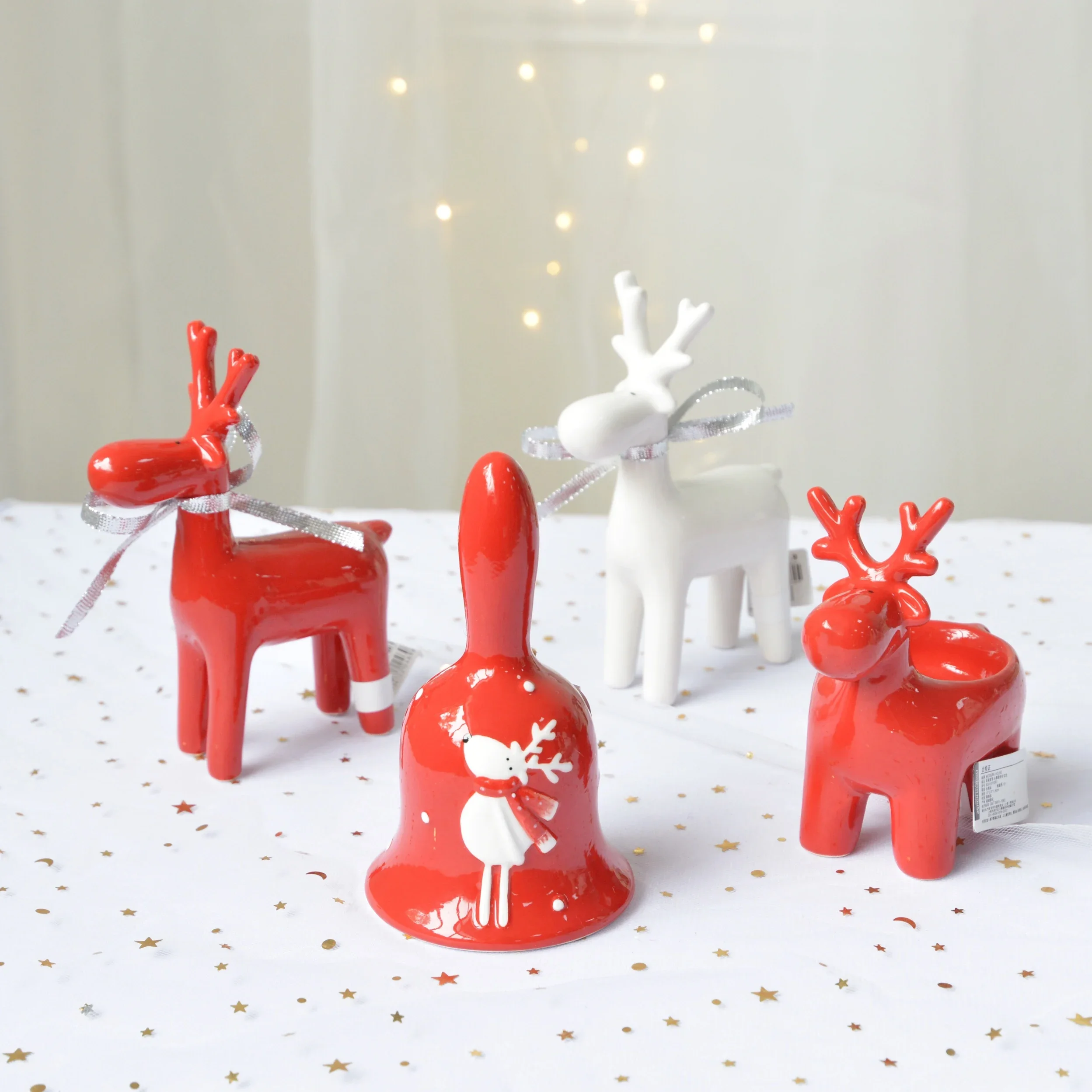 

Christmas red ceramic elk three-dimensional hand bell candle holder decoration ornaments