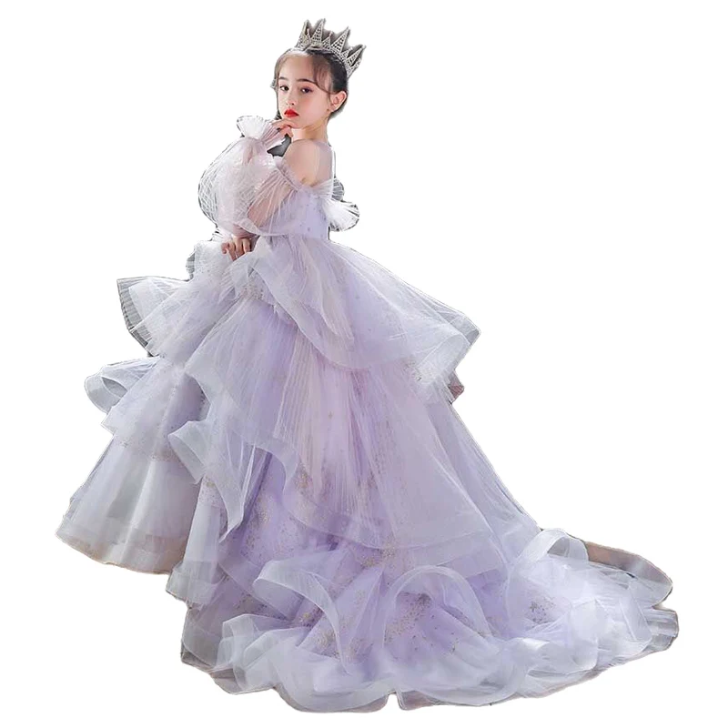 

Ruffles Tulle Flower Girl Dresses For Wedding Illusion Sheer Neckline Puffy Sleeves Ball Gown Kids First Communion Dress Pageant