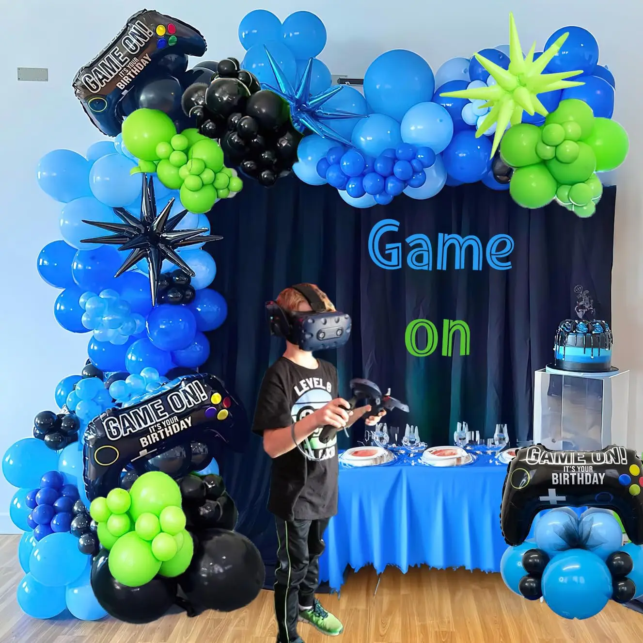 132 Stück blau-schwarz-grünes Ballon-Set mit Starburst-Controller für Gamer, Nachtparty, Dekoration, Spielthema, Geburtstagszubehör