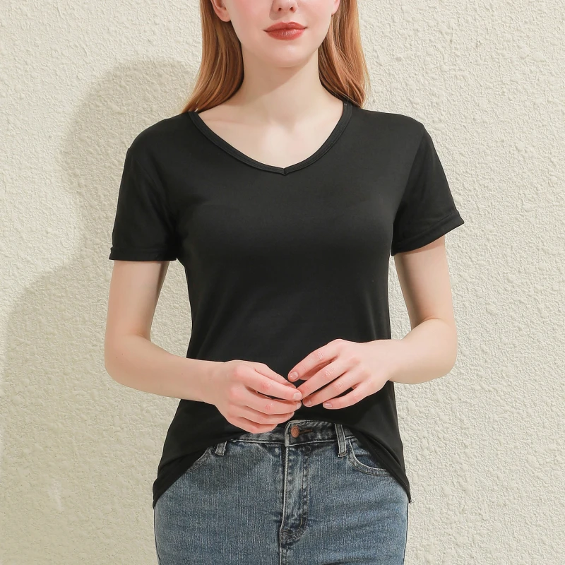 Solid Women T-shirt V-Neck Short Sleeve Female Tee Slim White And Balck T-Shirt Casual Solid Lady Tshirt Tops