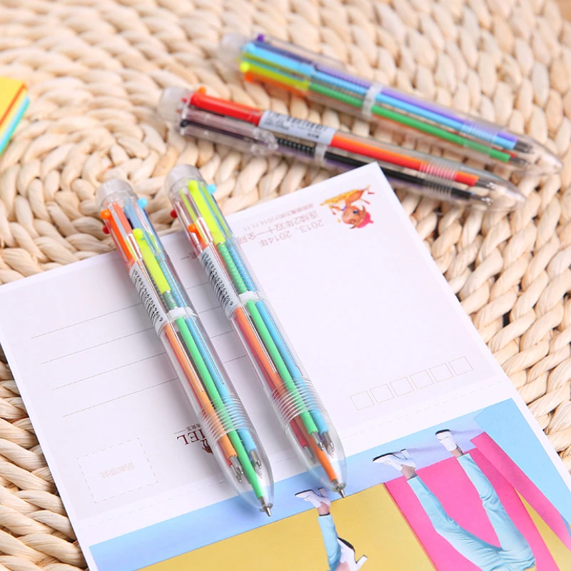 100 Pcs Business Cartoon Multi-color Ball Point Pen Press Moving Pen Color Personalized Oil Pen 6 Color Student Office Supplies