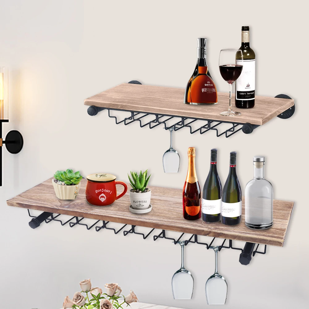 

Industrial Pipe Shelving Hanging Stemware Racks,Rustic Wall Mounted Wine Rack with Glass Holder,Steampunk Iron Floating Bar Shel