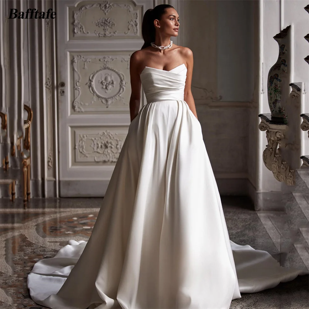 

Bafftafe A Line Satin Wedding Dresses Bride Sleeveless Pleat Formal Wedding Party Dress Court Train Bridal Gowns robe de mariée