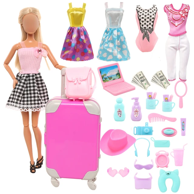 Fashion 32 pcs Dollhouse Furniture 27 Doll Accessories = Suitcase Computer  Bubble Sticker Sunglasses 5 Clothes Dress