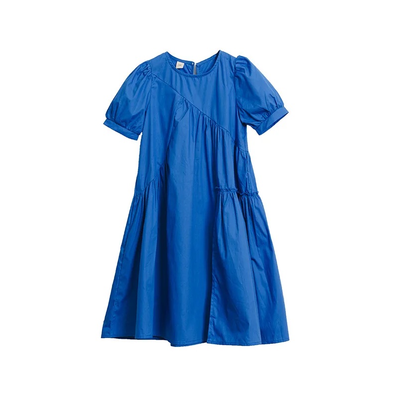 

New Bow Blue Dress Children Cotton Clothing Girls Short-Sleeve 2023 Summer Dress Casual