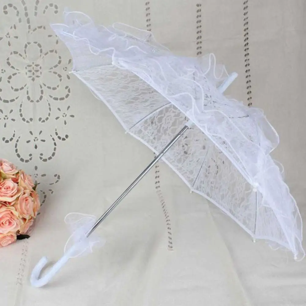 Wedding Decoration Hollow Out Ruffles Trim Lace Floral Umbrella Long Handle Umbrellas Embroidery Parasol Lace Bridal Umbrella