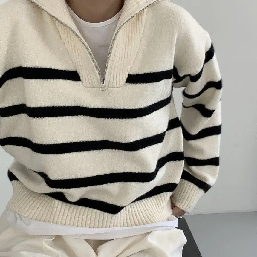 Women Sweater Oversize Zipper Knitted Pullover Long Sleeve Stripe Loose Ladies Sweaters Autumn Winter Women's Turtleneck