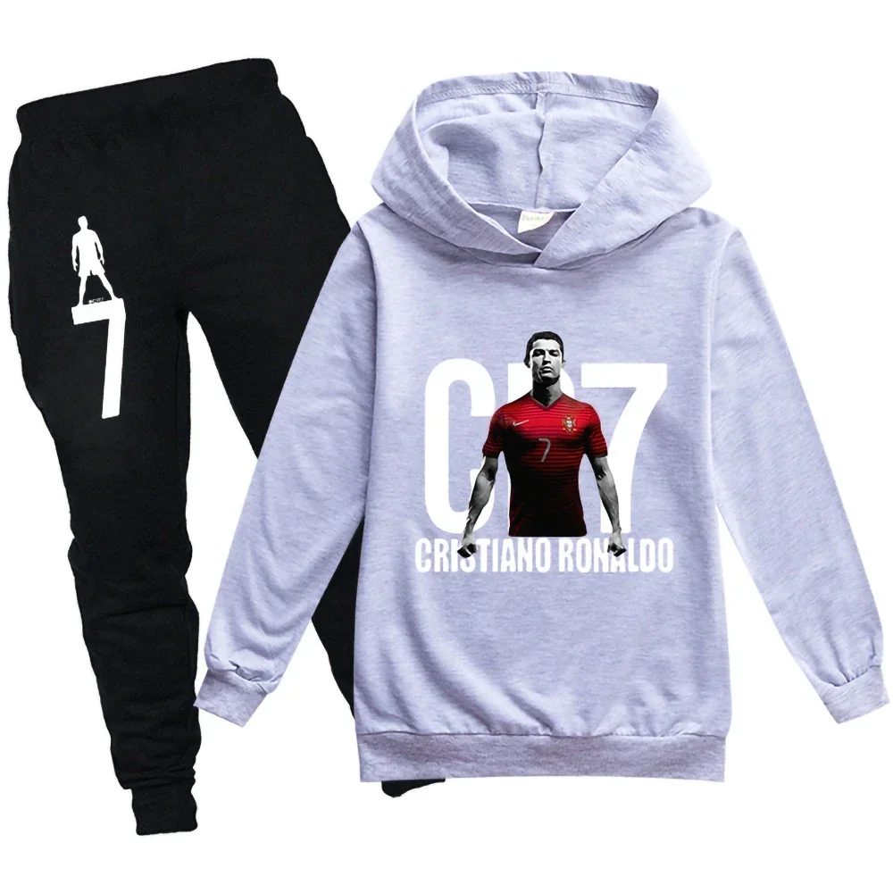 thumbnail image 1 of Conjunto de 2 piezas de ropa con capucha y pantalones con estampado de fútbol CR7 para niños y niñas de 3 a 14 años, chándal para primavera y otoño, 1 of 5
