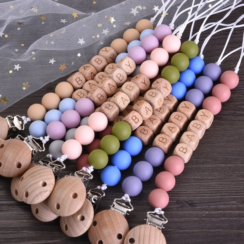 Personalized Name Wood Baby Pacifier Clip Silicone Round Beads Nipple Chain Teether Infant Dummy Holder Chain Baby Nursing Toy 4