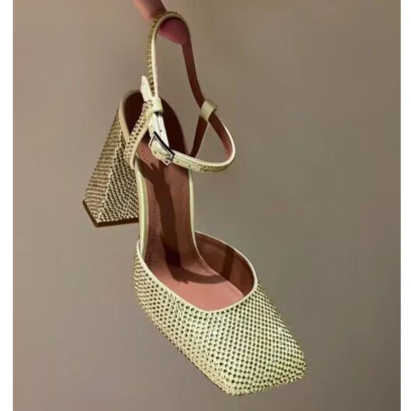 Rhinestones Square Toe Slingback Thick Heel Sandals Woman Summer Diamonds One-Strap Hollow High Heels