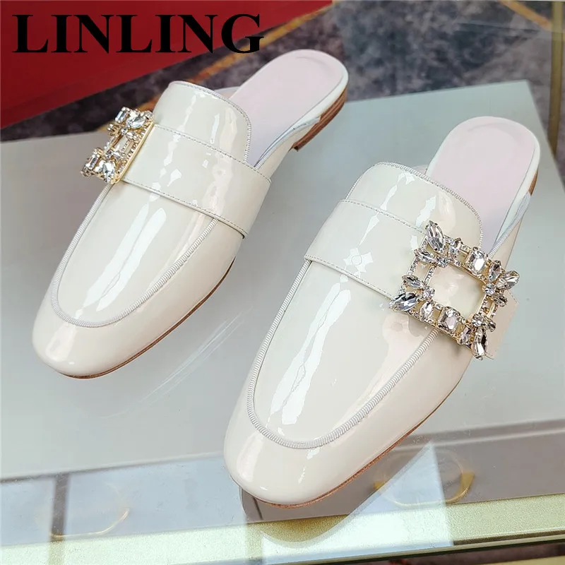 

Slippers For Women Female Patent Leather Mules Shoes Flat Fashion Rhinestone Buckle Round Toe Summer Casual Shoes Woman Slides