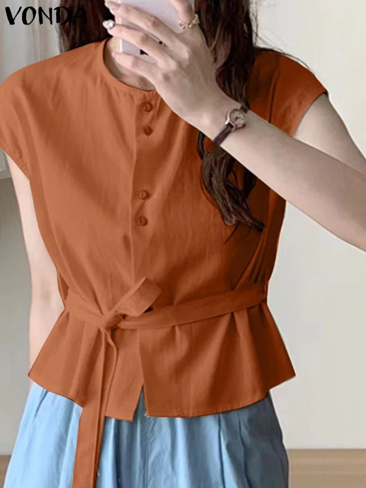 

2024 VONDA Women Fashion Summer Shirts Short Sleeve Loose Blouses Belted Casual Solid Color Buttons Blusas Femininas Tunic Tops